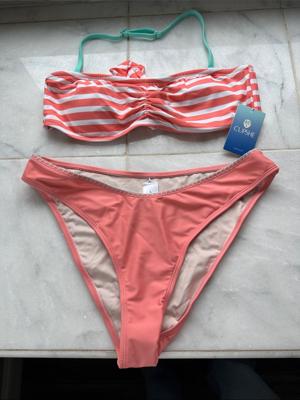 Cupshe Coral & White Stripe Bandeau Bikini with Mint Halter Strap